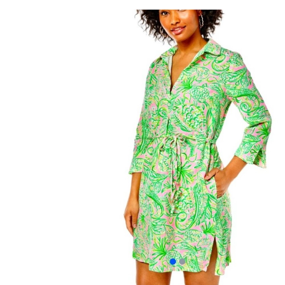 Lilly Pulitzer Pilar Tunic Dress Green and Pink Cuffed Sleeve Shirt Dress